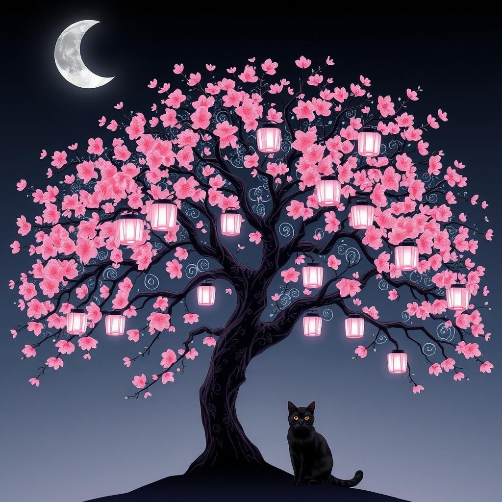 Luminous Cherry Blossom Tree with Black Cat in Quilling Styl...