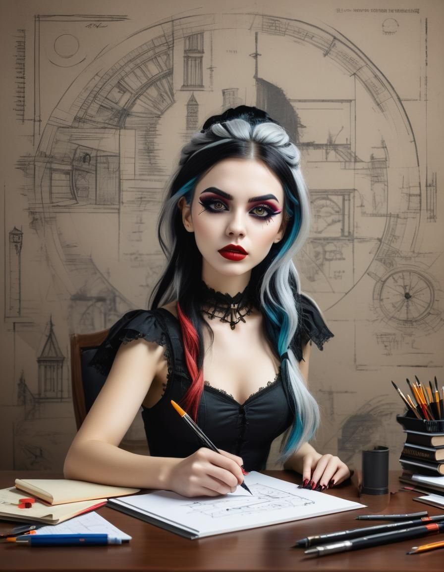 Most beautiful attractive Gothic student girl doing her homework, architecture subject and tools, perfect body, perfect ...