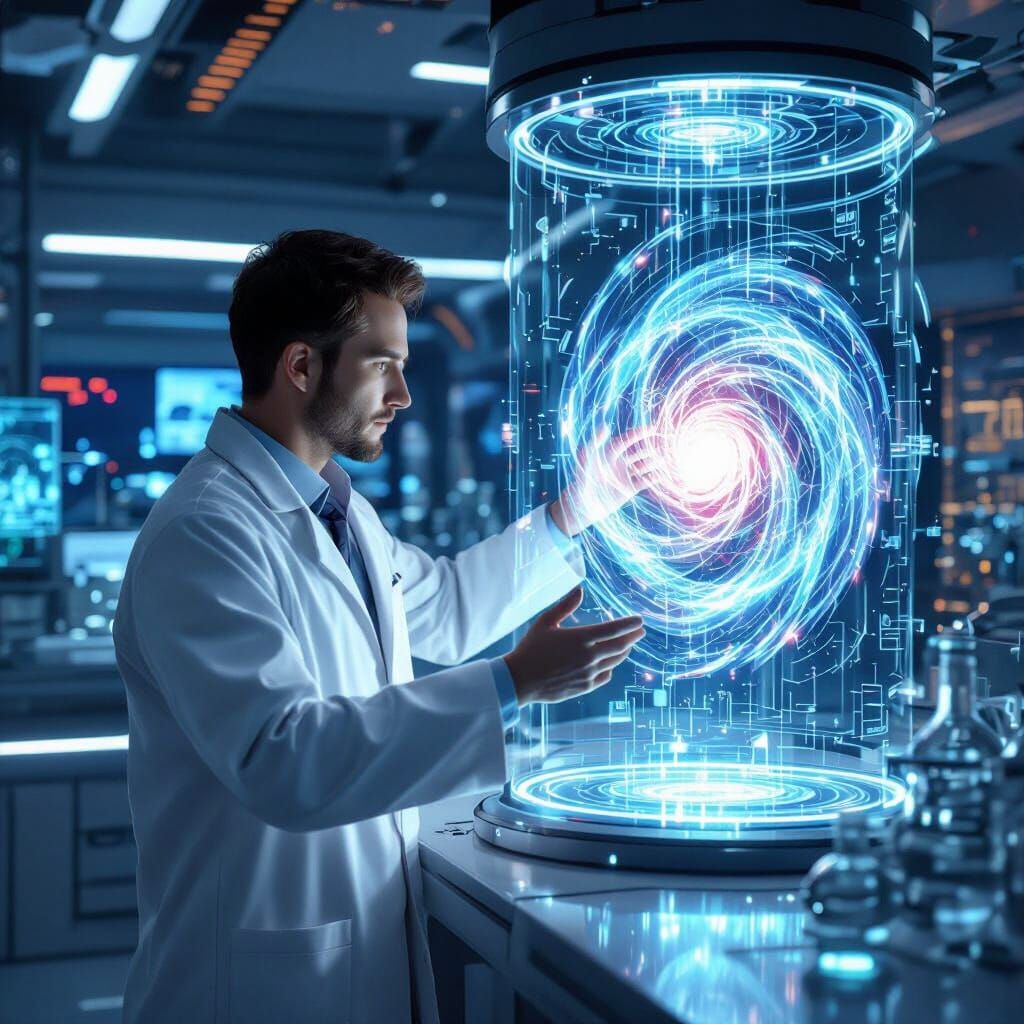 Futuristic Russian Engineer With Holographic Vortex