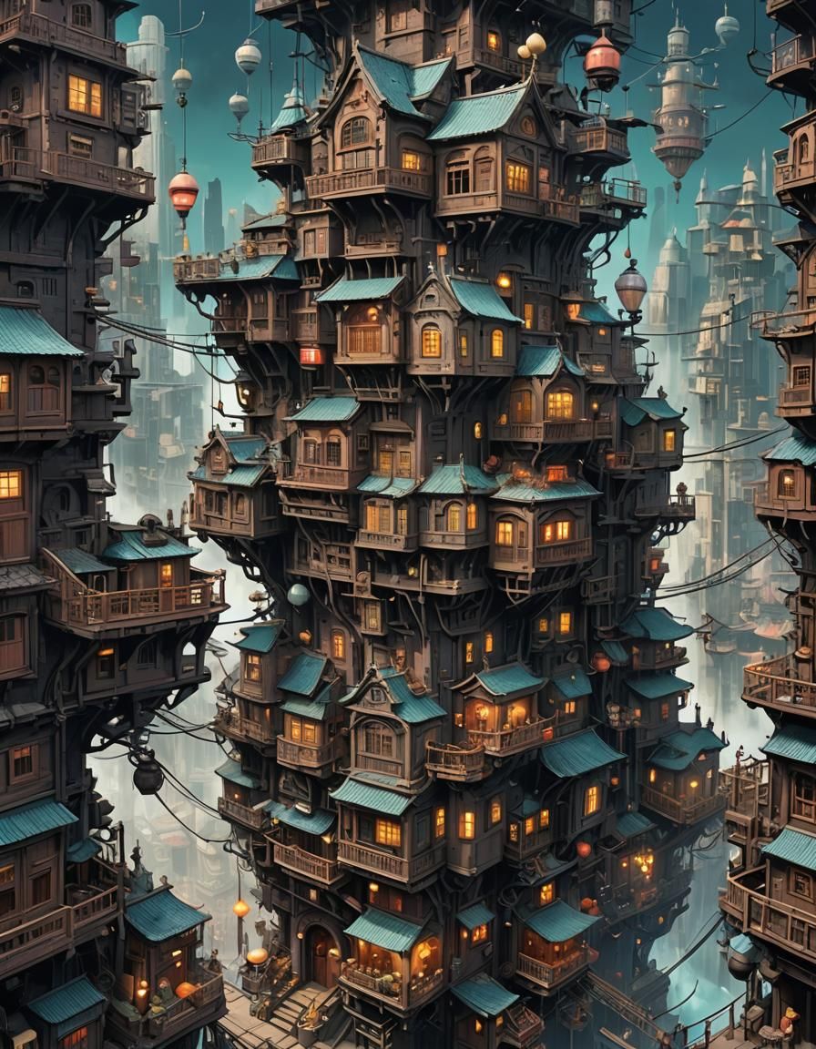 Kowloon-Inspired Walking City, Ghibli Style