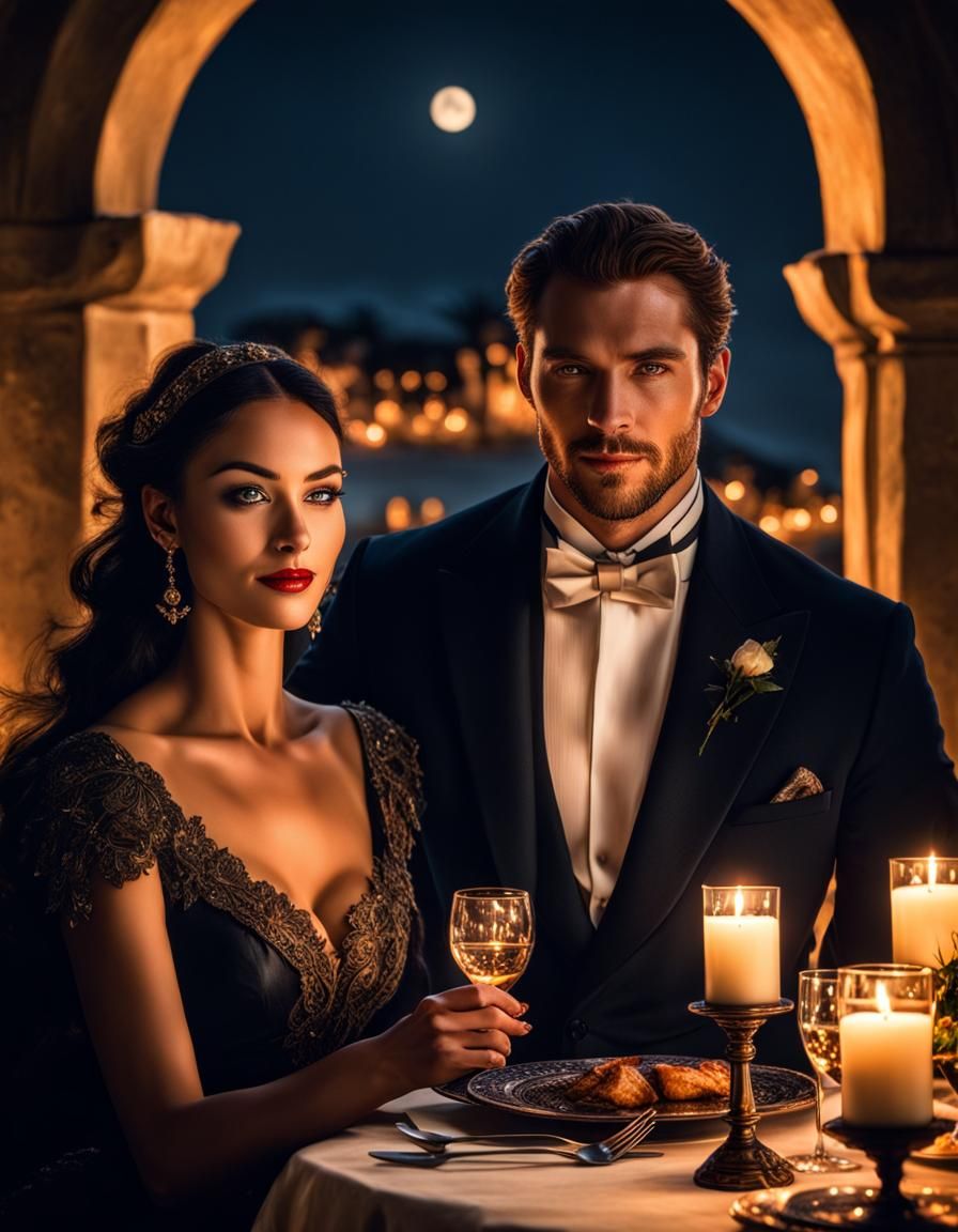 Romantic Candlelit Dinner Under a Crescent Moon