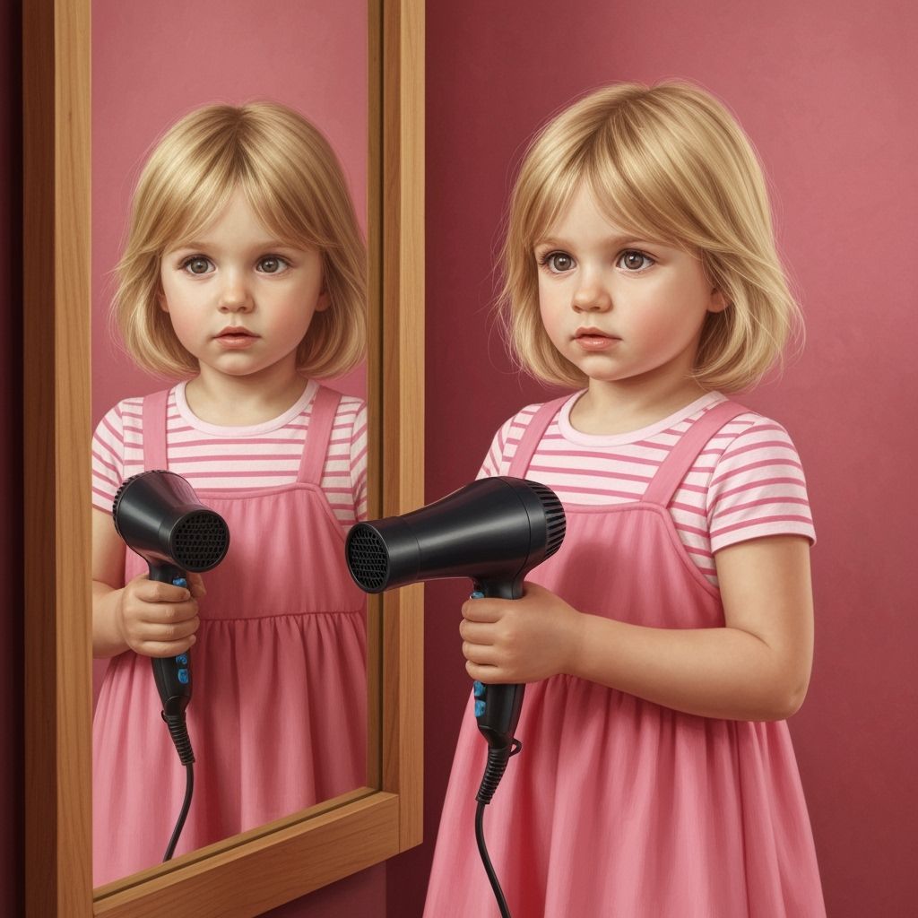 Girl with Pink Sundress Holds Hair Dryer