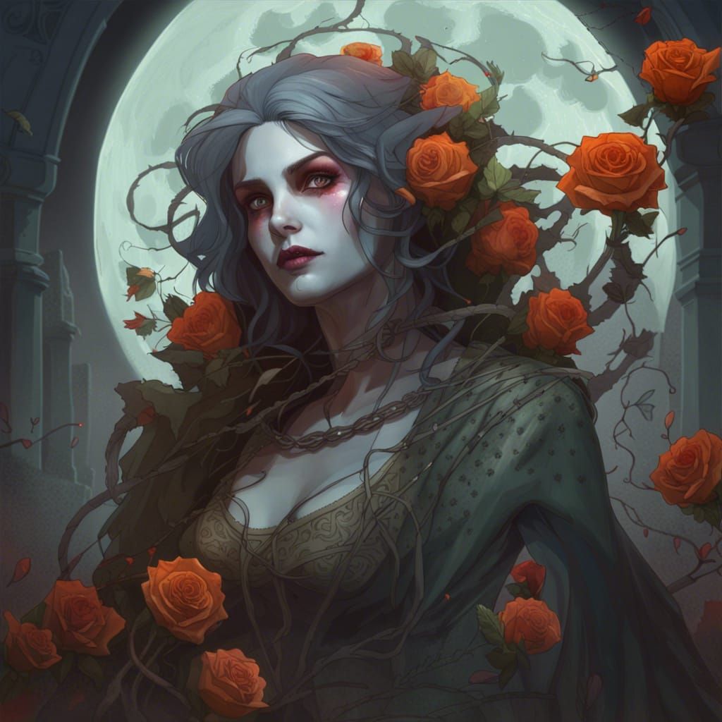 Gothic Ghost Portrait in Graveyard Under Full Moon