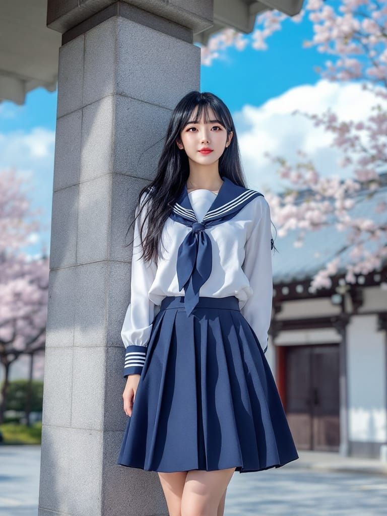 Kaori in School Uniform Cosplay Among Cherry Blossoms