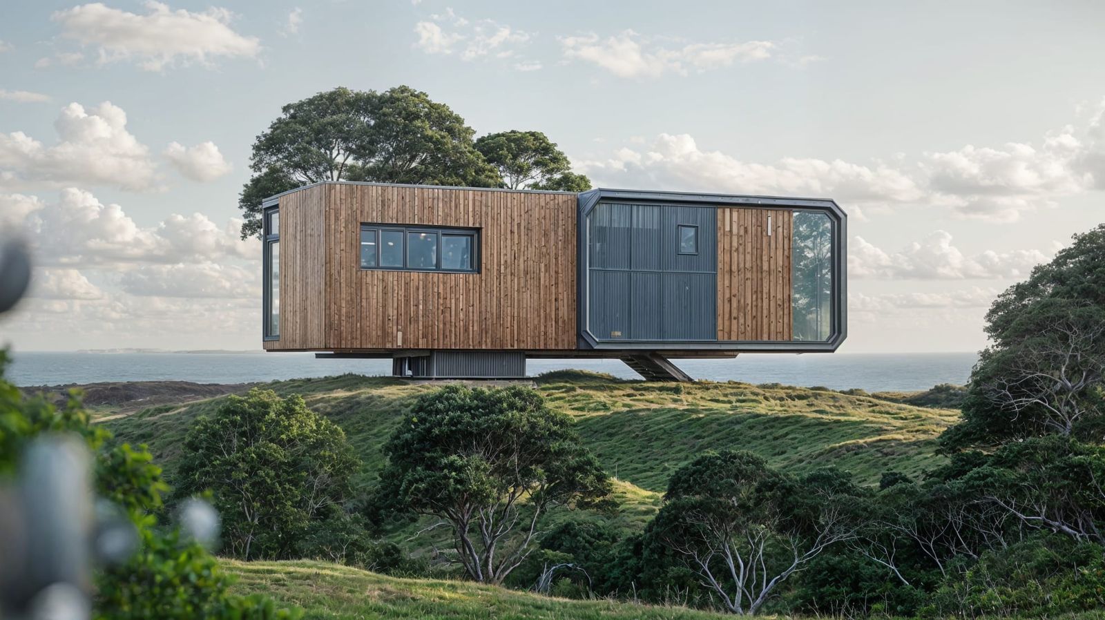 Futuristic Cork and Wood Mobile House on Green Hill