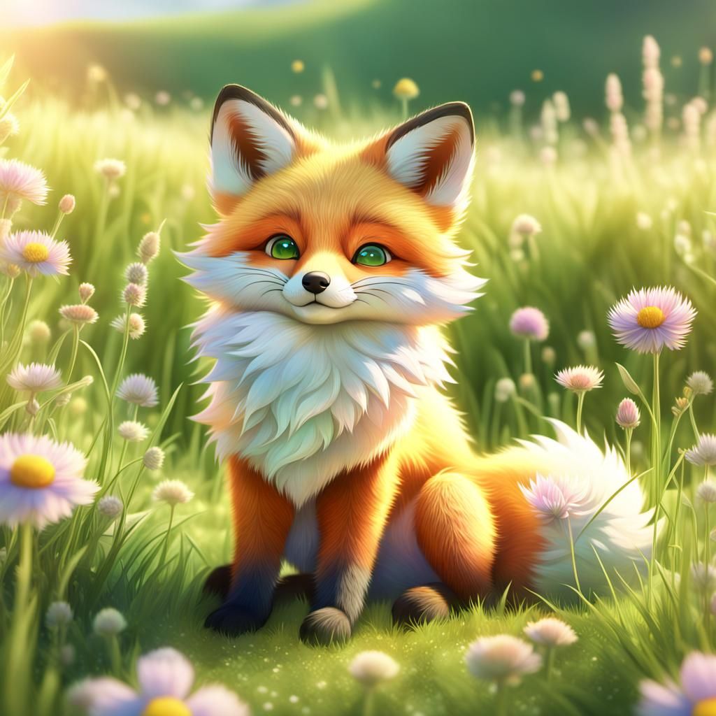Whimsical Anime-Style Fox in a Sunlit Meadow