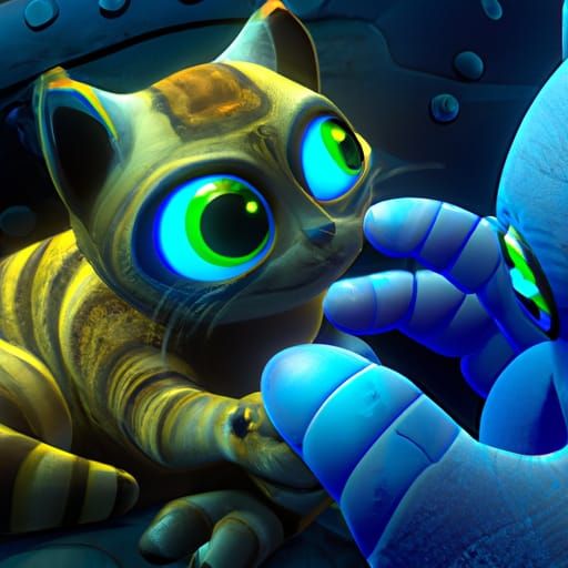 A big eyed alien from mars petting a cute, loveable, purring cat. Pixar, Disney, comic book concept art, cinematic, reim...