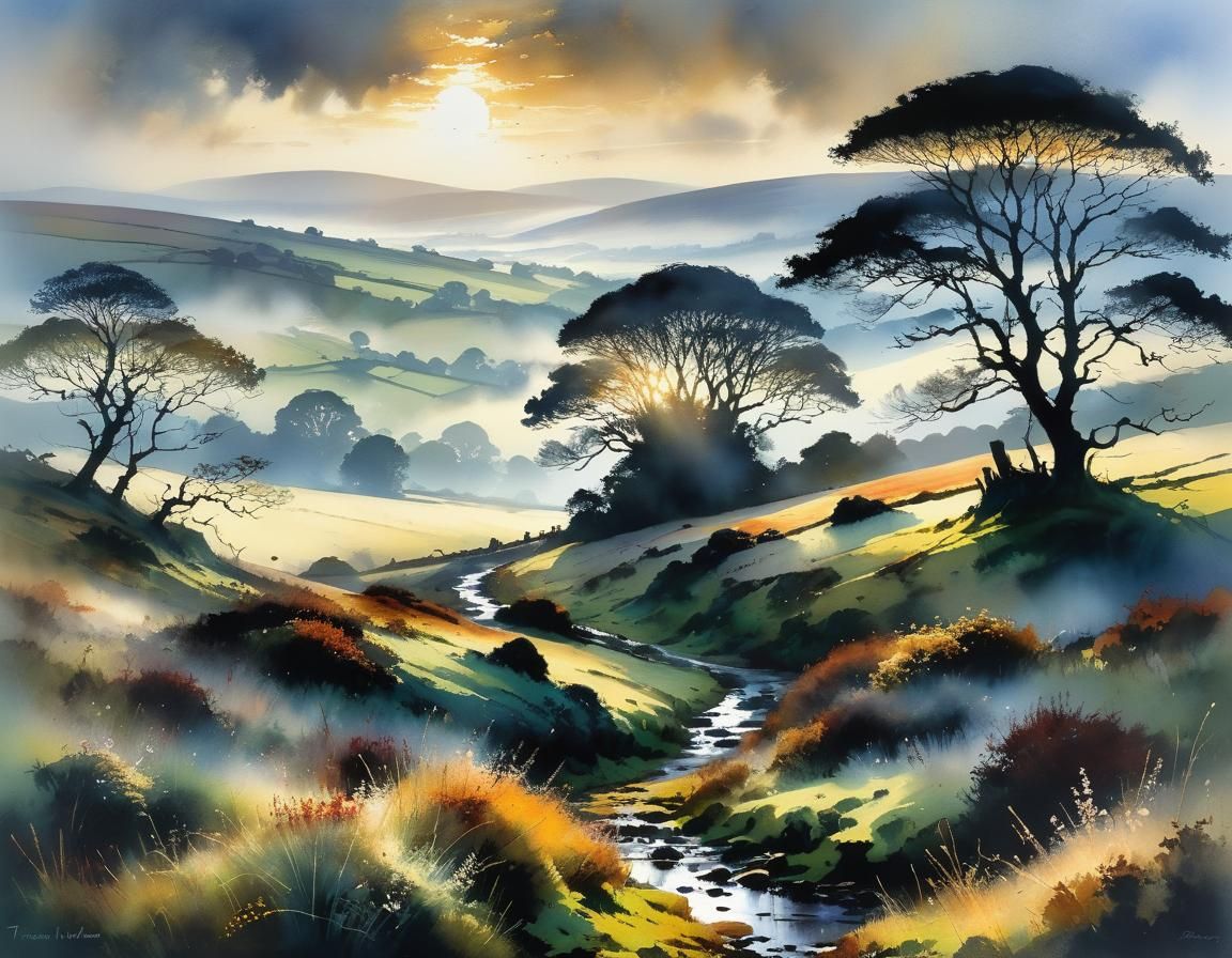 Misty Moor Landscape: Intricate Detailed Painting