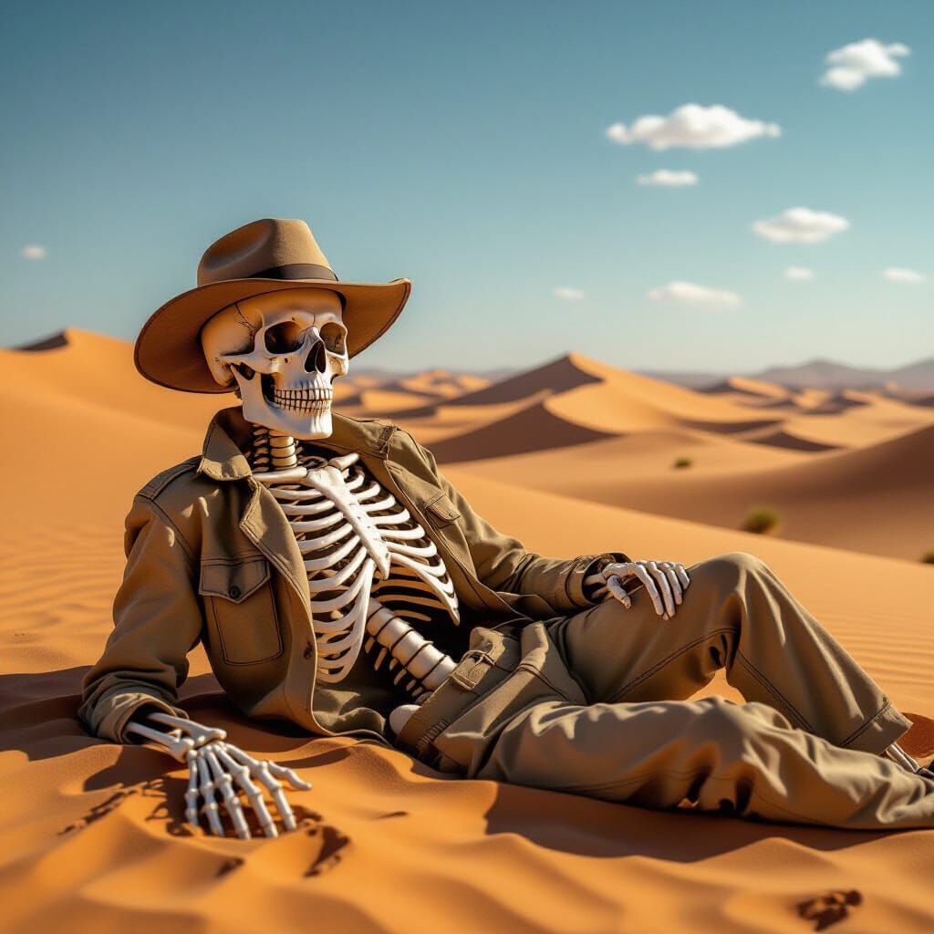 Skeleton in Desert Safari Clothing, Hyperrealistic Style