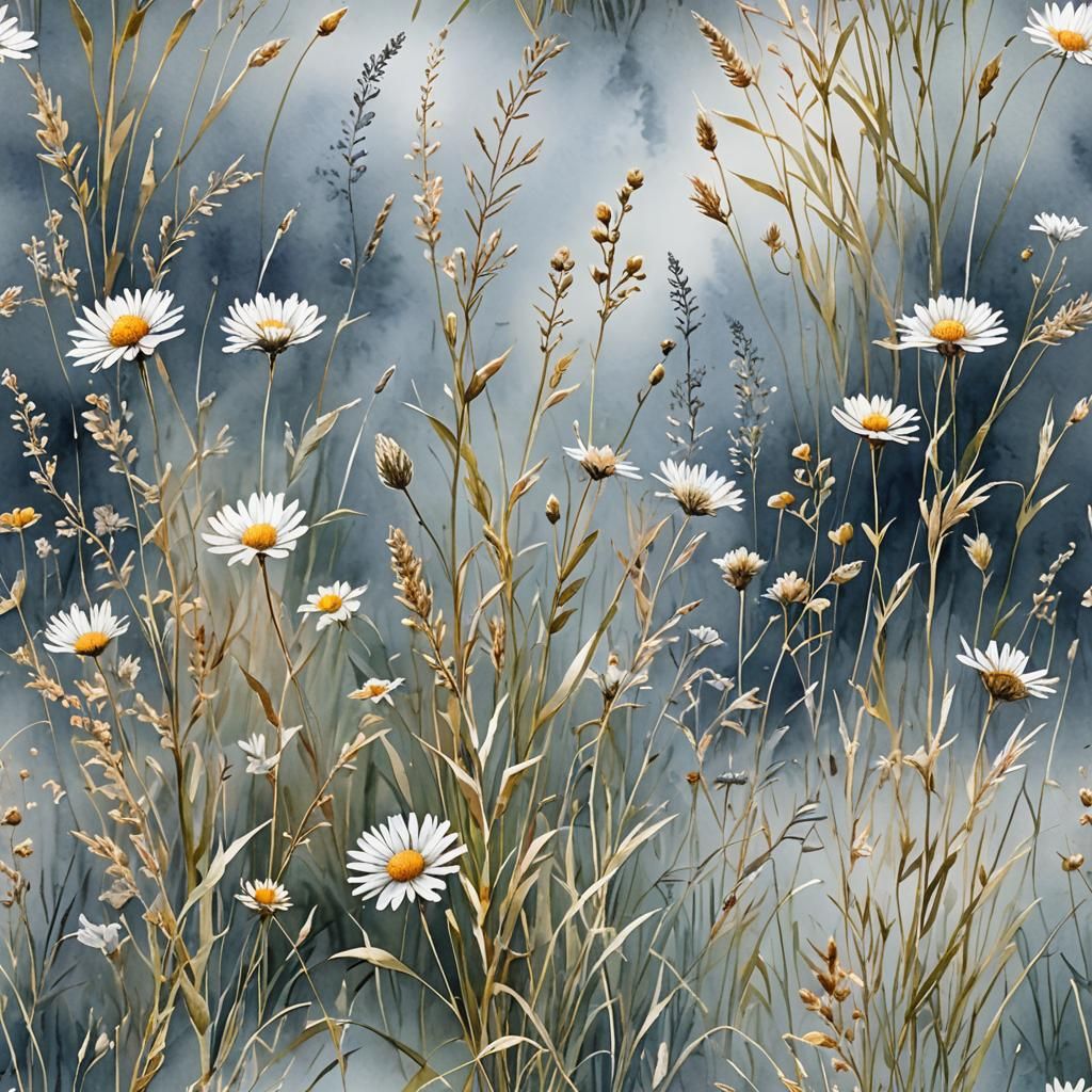 Watercolor Wildflowers and Grasses in Silver Tones