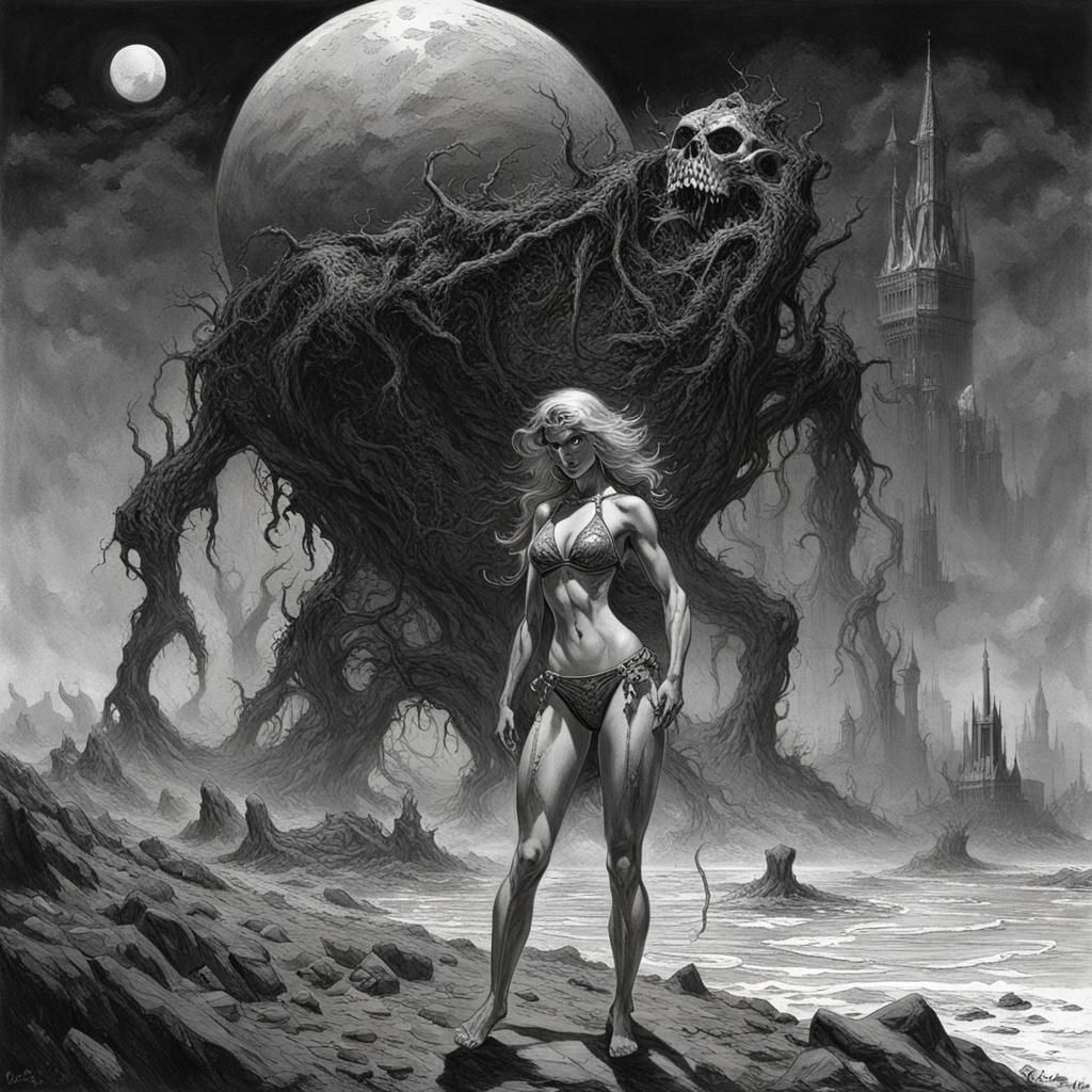 Infernal Bikini Model on Scorched Planet in Horror Style