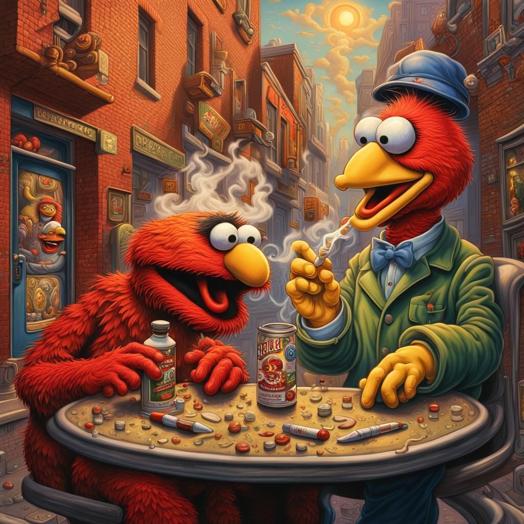 Elmo and Big Bird: Grotesque Cartoon in Alley