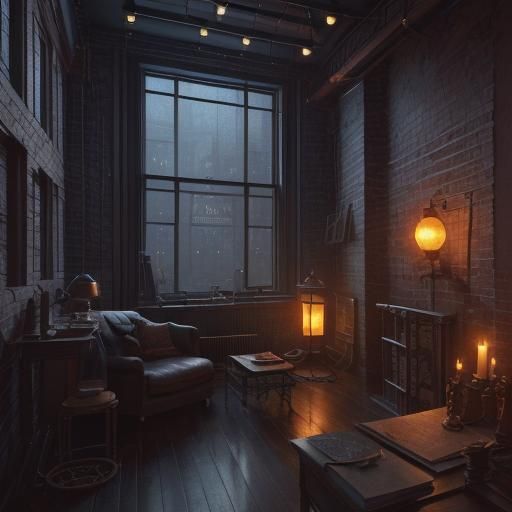 Rainy Dusk: Antique Room with Industrial Lamp