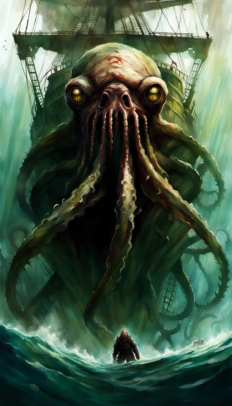 Sinister Kraken Crushes Shipwreck in Watercolor Style