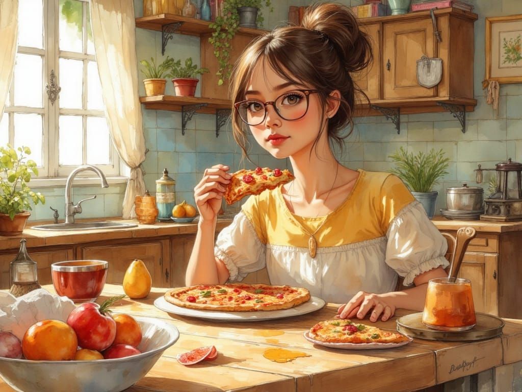 Cozy Kitchen Scene: Girl Eating Pizza Illustration