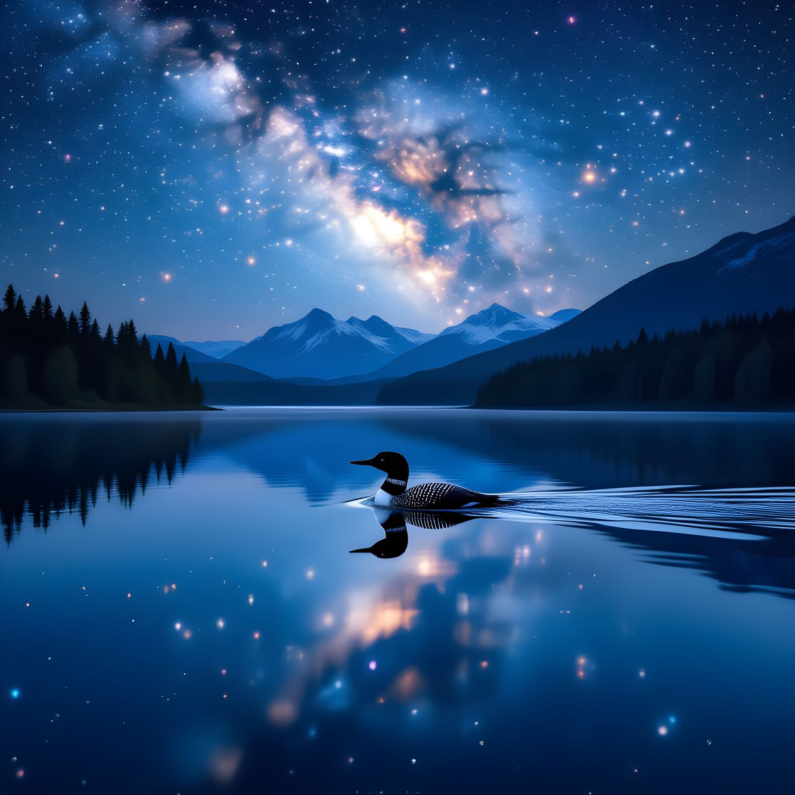 Loon Soaring Over Galaxy Reflection Lake: Cinematic Still