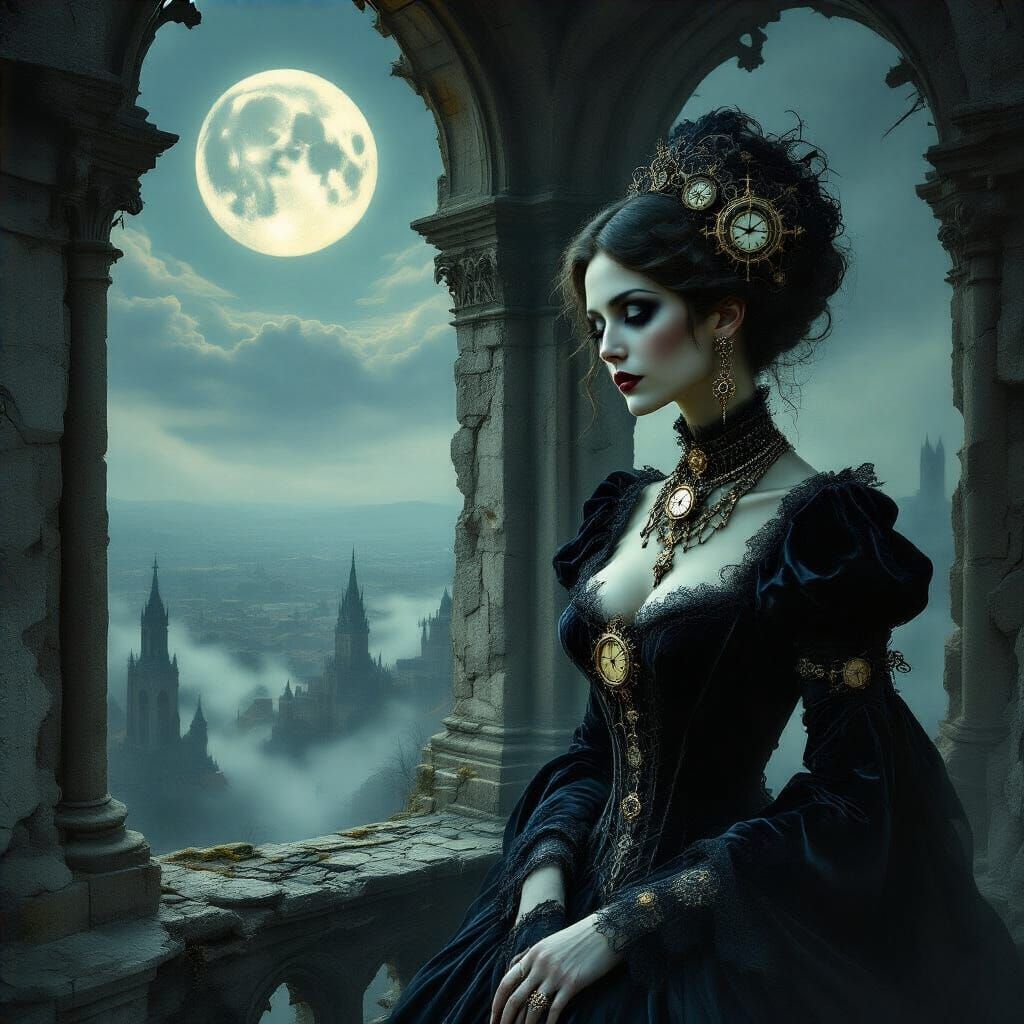 Noblewoman in Crumbling Observatory Under Twin Moons