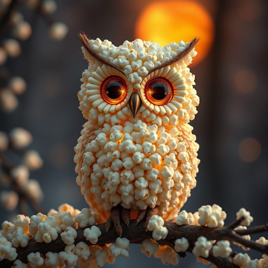 Popcorn Owl with Sparkling Eyes in Evening Light