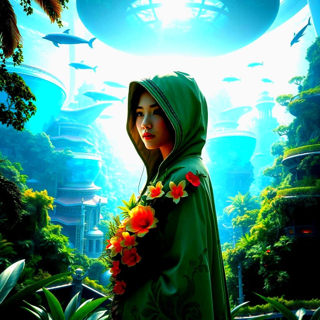 Vibrant Jungle Cityscape with Serene Aquatic Oases