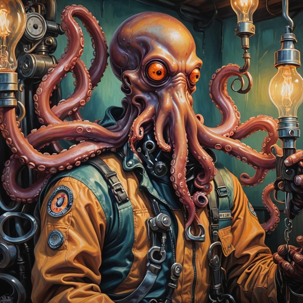 Surreal Octopus Mechanic in Vibrant Oil Painting