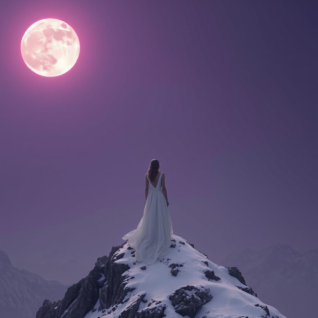 Ethereal Woman Gazing at Moon on Snowy Peak