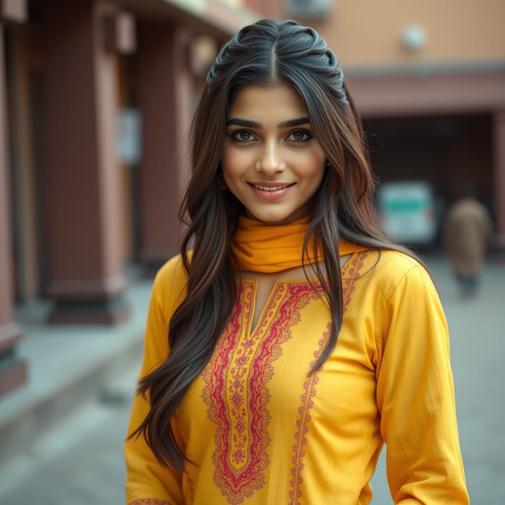 Pakistani Woman in Yellow Kameez Shalwar