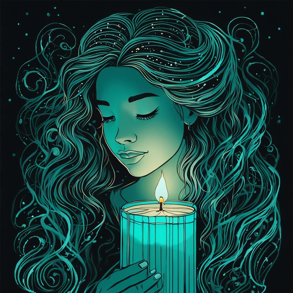 Girl with Turquoise Candle: Line Art Portrait
