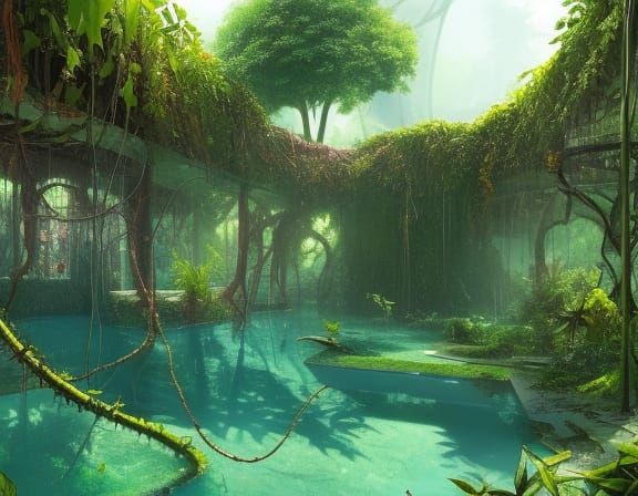 Abandoned Tropical Pool: Hyperdetailed Concept Art