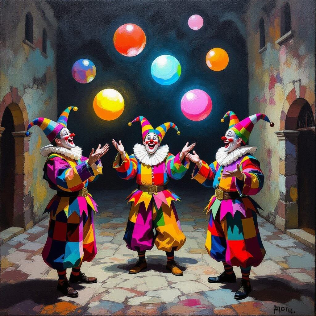 Jesters Juggle Glowing Orbs in Surreal Oil Painting