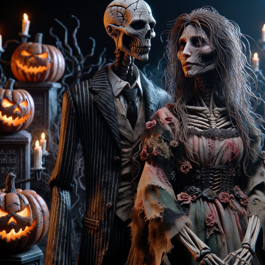 Spooky Valentine Scene of Skeleton Man and Raggedy Woman