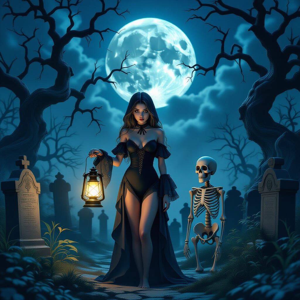 Gothic Girl with Lantern in Moonlit Cemetery