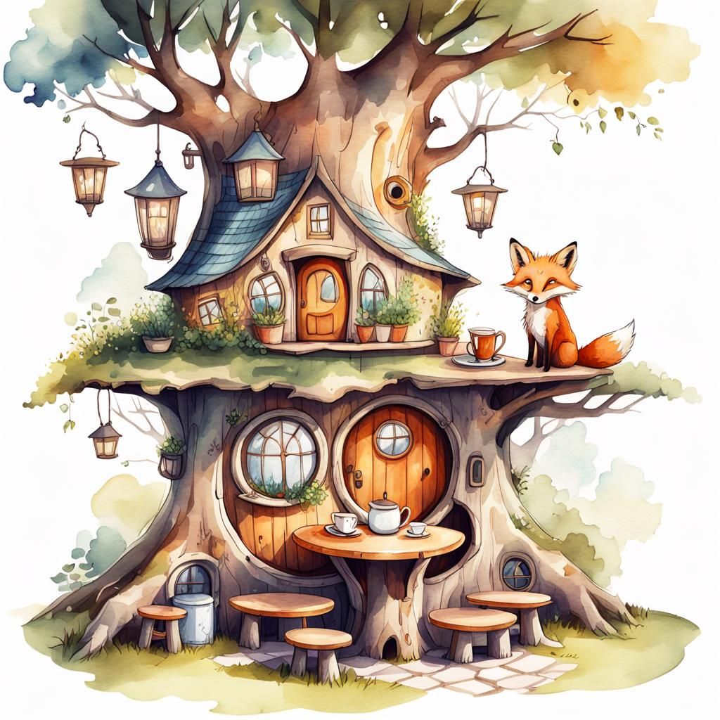Fabulous Tree Trunk House with Fox: Watercolor Illustration