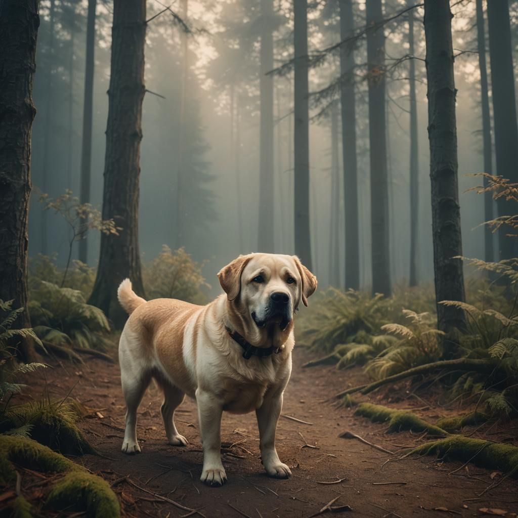 Golden Hour Labrador in Misty Forest