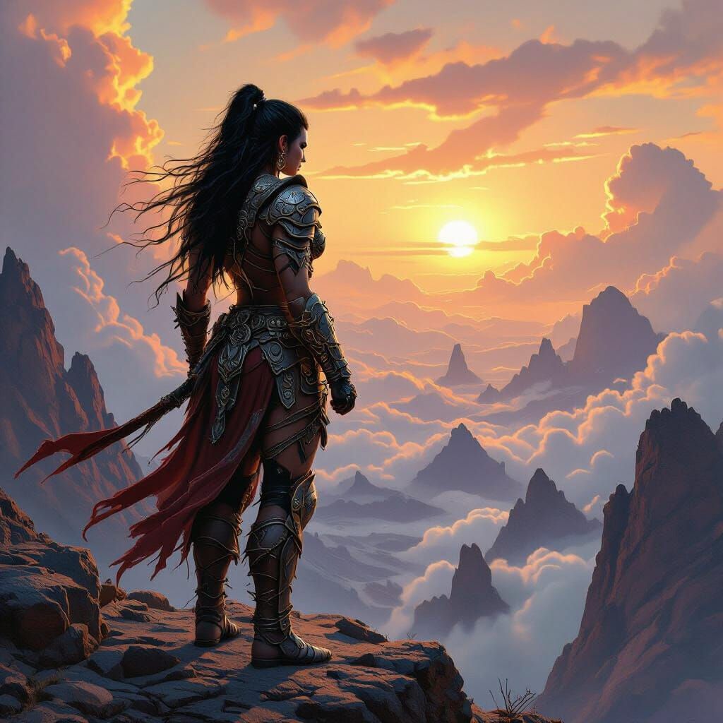 Barbarian Queen Overlooks Alien World in Dark Fantasy Style