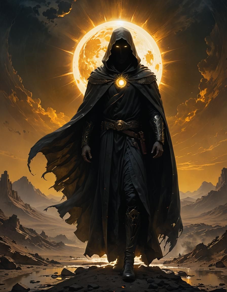 Ethereal Figure Beneath Eclipsed Sun in Dark Fantasy Style