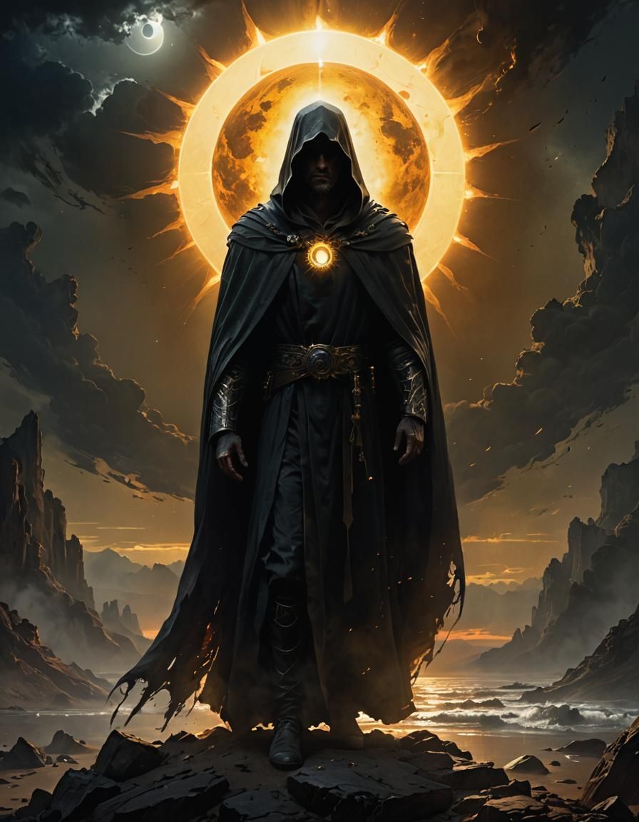 Mysterious Figure Beneath Eclipsed Sun in Dark Fantasy Style