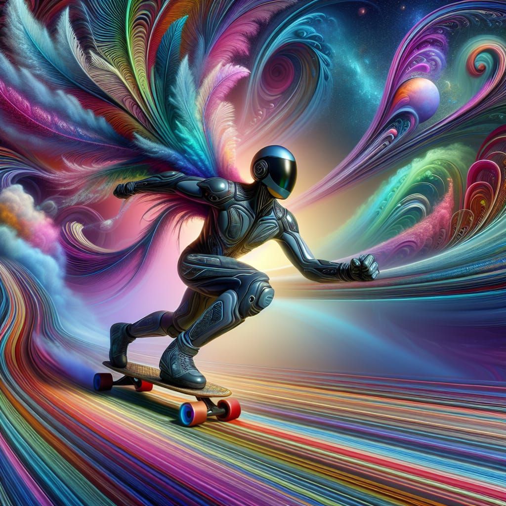 Futuristic Skater Racing Through Dreamlike Sky