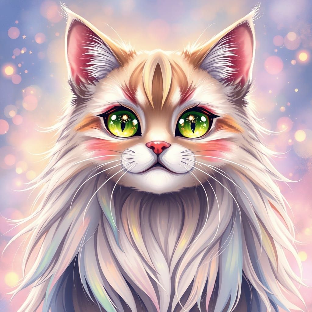 Magical Long-Haired Cat with Sparkly Eyes in Anime Style