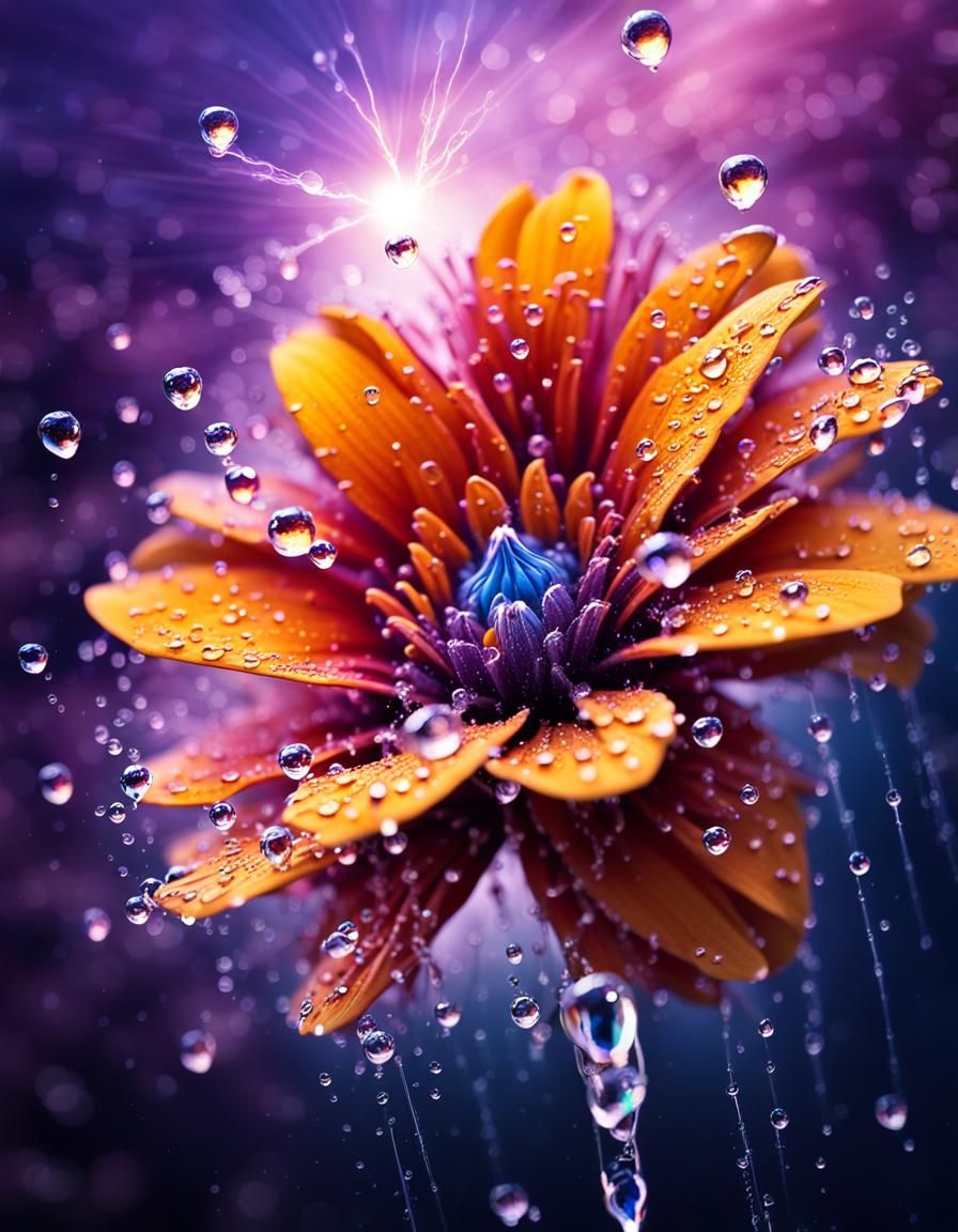 Magical Flower with Liquid Structure and Flying Petals