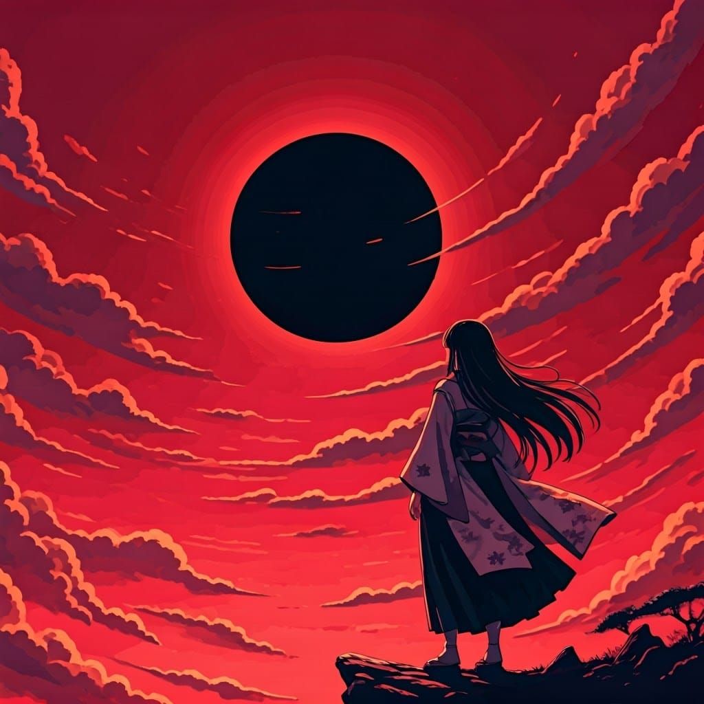 Young Woman Gazing at Red Anime-Inspired Sky with Black Moon