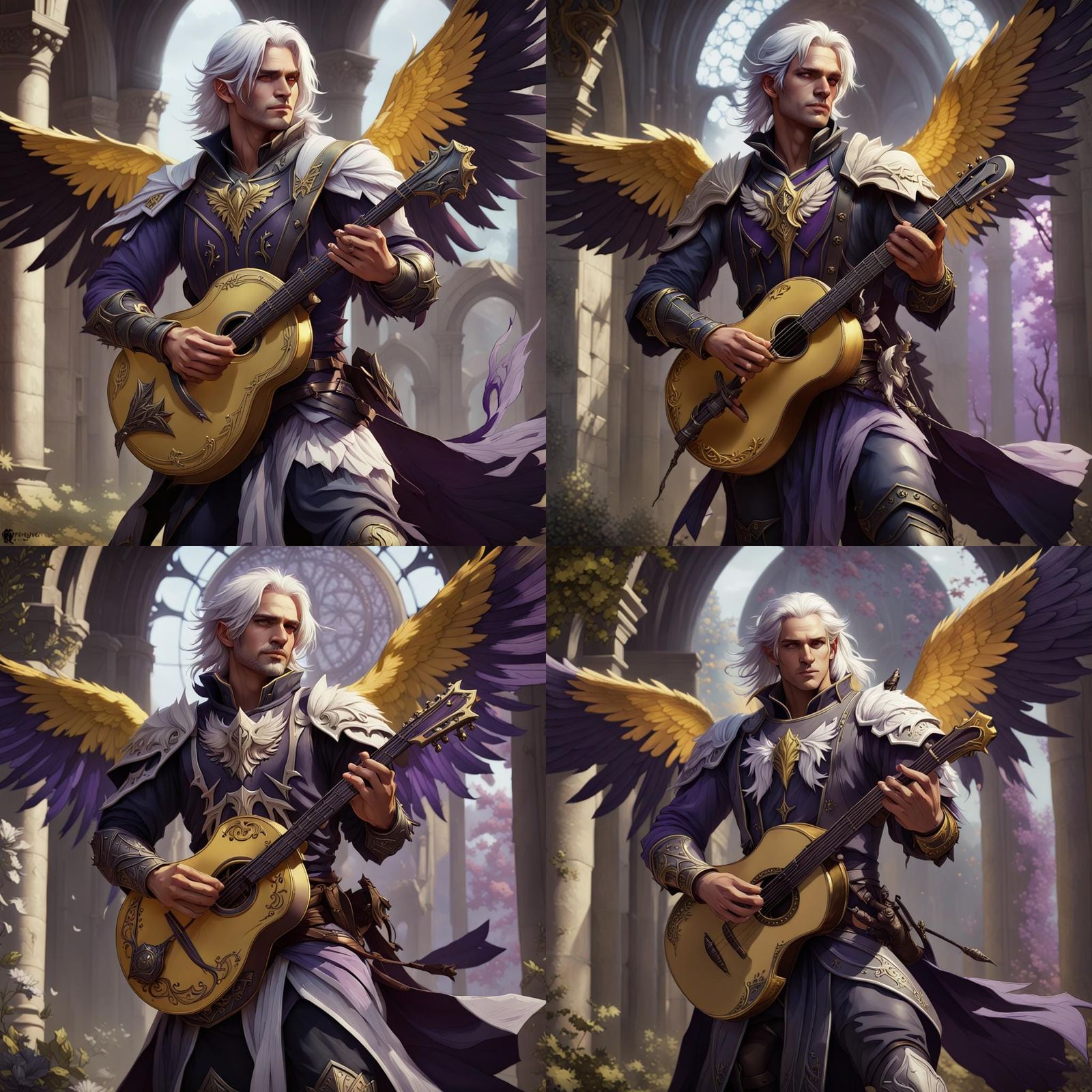 Fallen Aasimar Bard with Shadowy Wings, Hyperdetailed Art