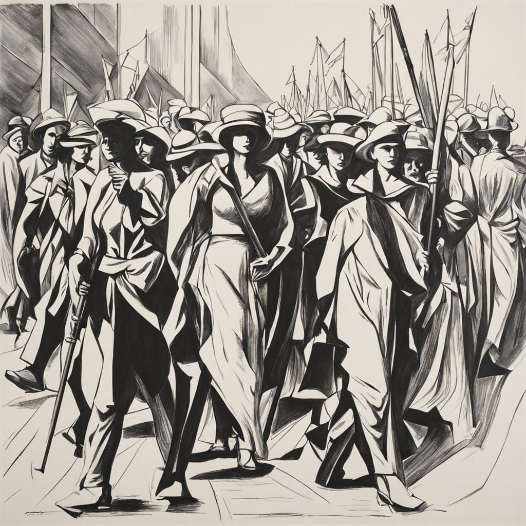 Cubist Marching Crowd in Black and White