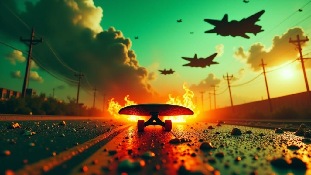 Cyberpunk Apocalypse: Burning Skateboard Rolls Through Ruins