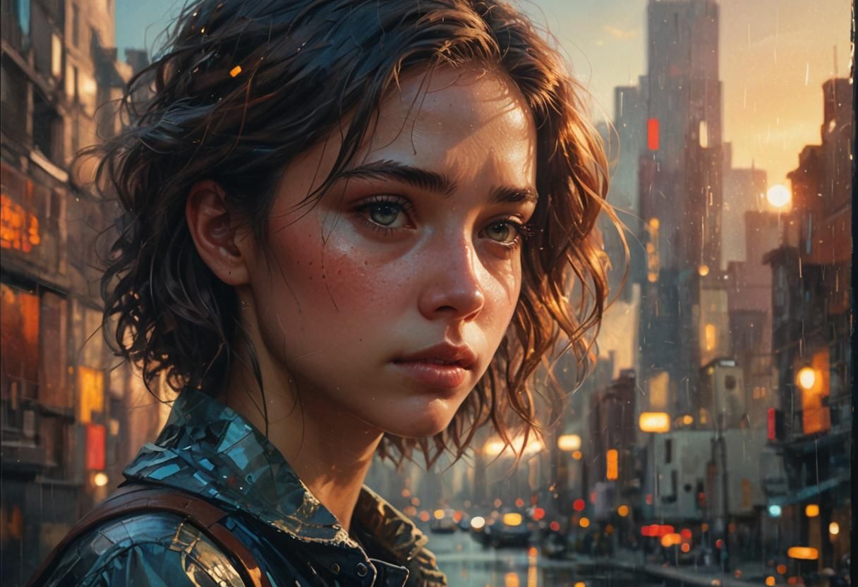 Melancholic Woman in Cityscape Reflections: Hyperrealistic C...