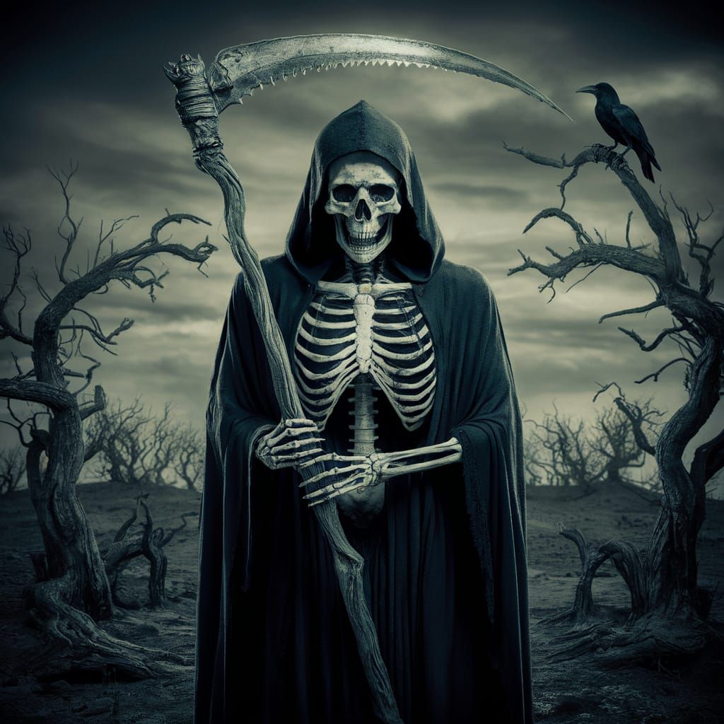 Death: Skeletal Figure in Barren Landscape