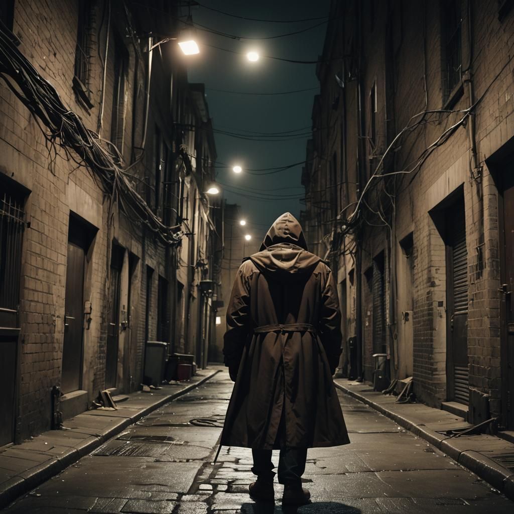 Moody Alleyway Scene with Man in Trenchcoat
