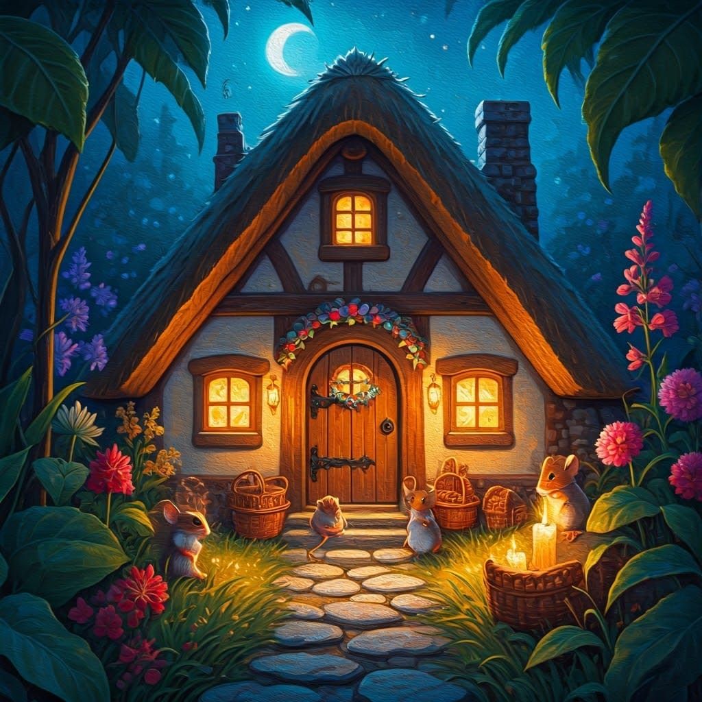 Whimsical Moonlit Cottage Home for Five Adorable Mice