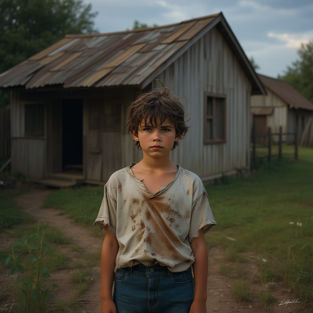 Determined Boy in Stormy Field as Digital Matte Painting