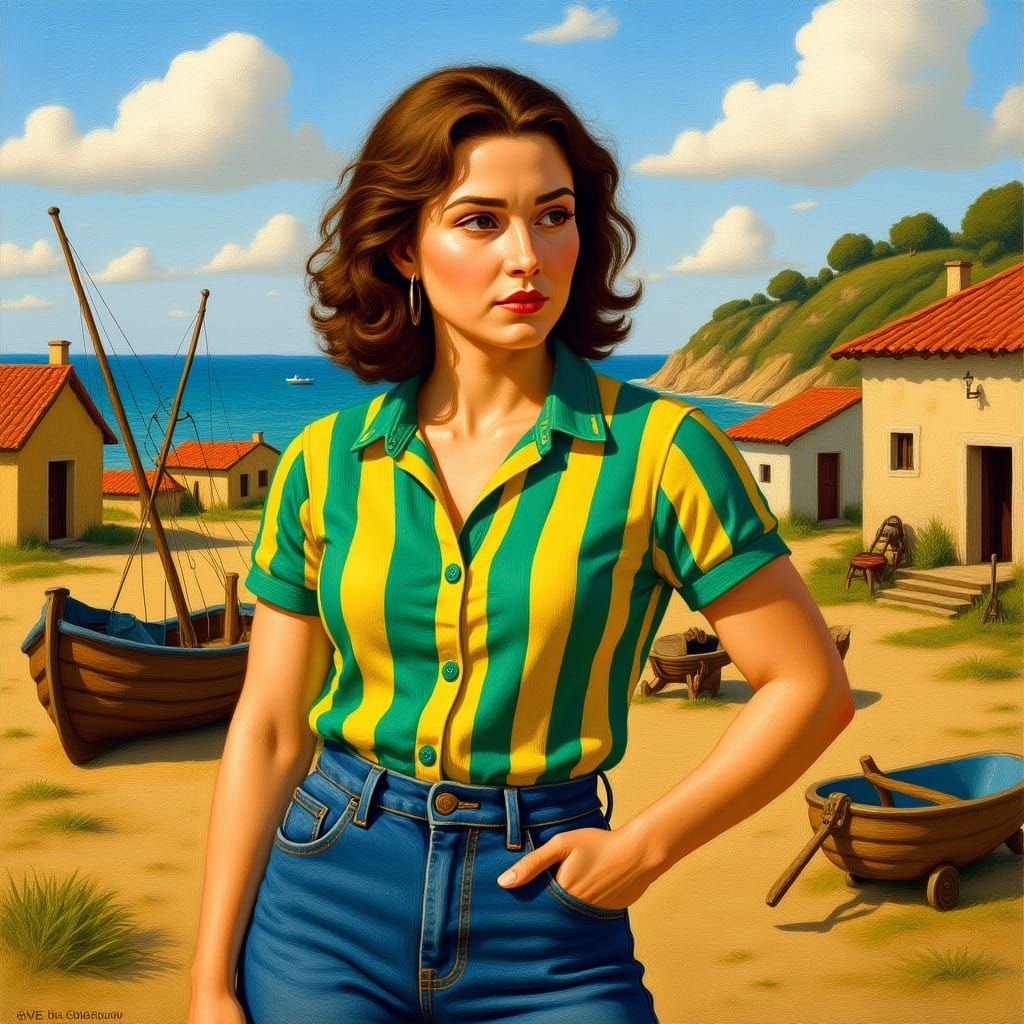 Portuguese Woman in Gouache Style Overlooking Fisher Village