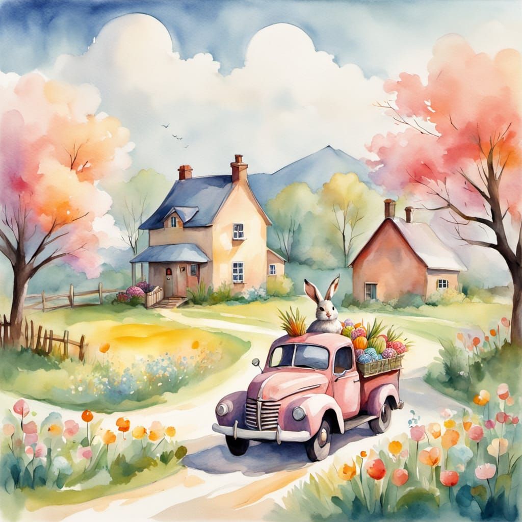 Rabbit in Top Hat Drives Easter Egg Car, Springtime Countrys...